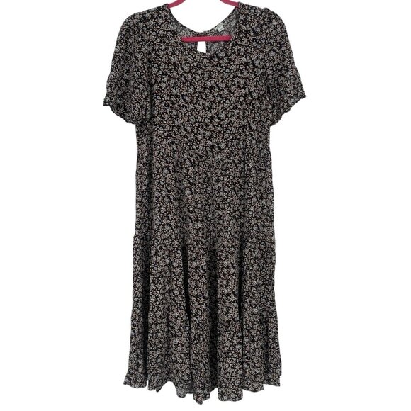 Aerie Size M Black Floral Print Short Sleeve Tiered Midi Dress Boho Peasant - Picture 1 of 13